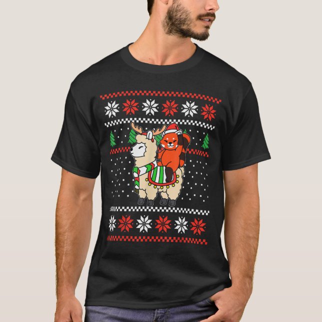 Camiseta Red Panda Ugly Christmas Sweater Reindeer Llama Ri (Frente)