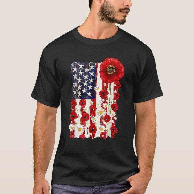 Camiseta Red Poppy Flower US Flag Patriotic Veterans Day Me (Frente)
