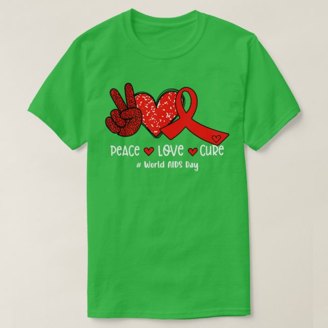 Camiseta Red Ribbon Peace Love Cure World AIDS Day (Frente do Design)
