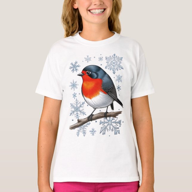 Camiseta Red Robin Bird com flocos de neve (Frente)
