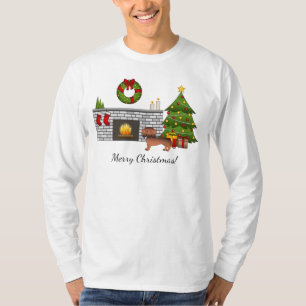Camiseta Red Sable Smooth Casaco Dachshund Na Sala De Natal