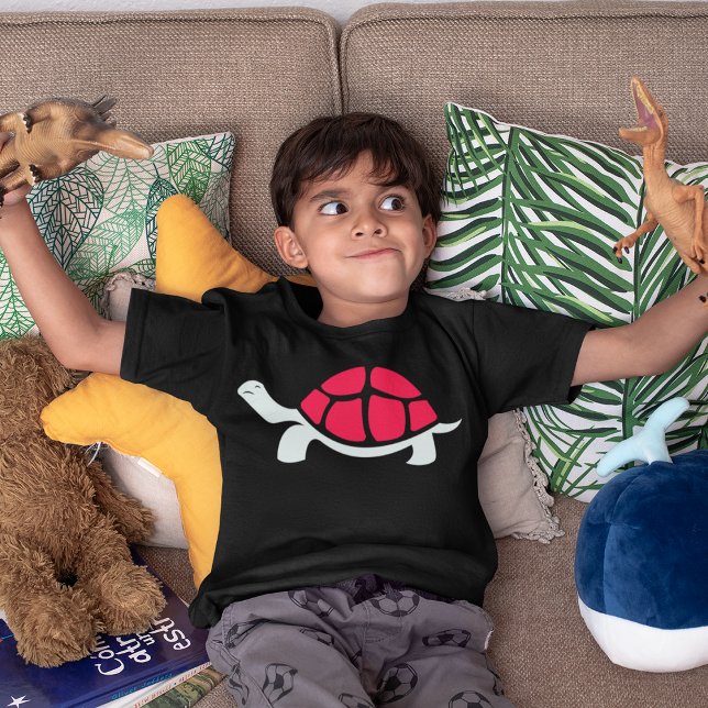 Camiseta Red Tortoise (Boy playing with dinosaur, wearing red shell turtle design)