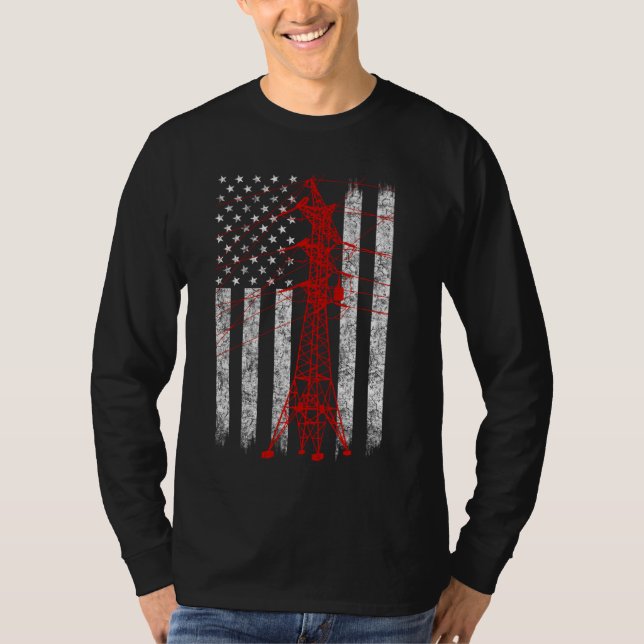 Camiseta Red Transmission Tower American Flag Lineman Eleit (Frente)