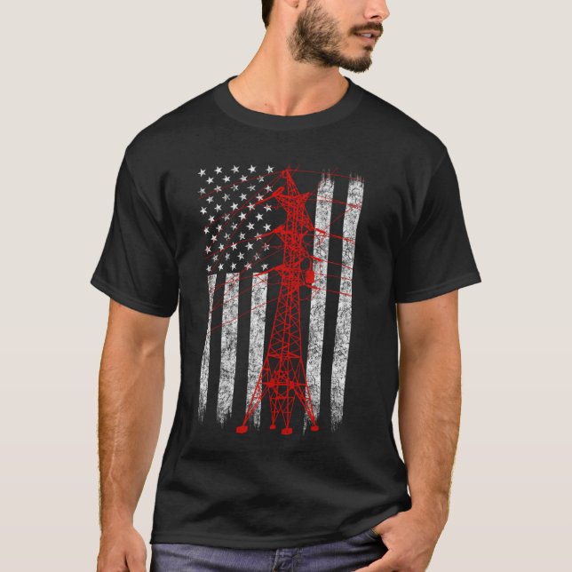 Camiseta Red Transmission Tower American Flag Lineman Eleit (Frente)