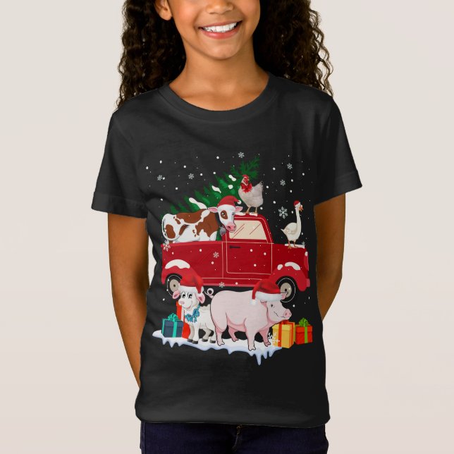 Camiseta Red Truck Feliz Animais de Natal Adora Farme de Fa (Frente)