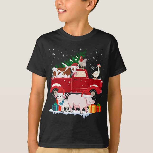 Camiseta Red Truck Feliz Animais de Natal Adora Farme de Fa (Frente)