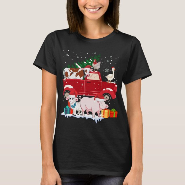 Camiseta Red Truck Feliz Animais de Natal Adora Farme de Fa (Frente)