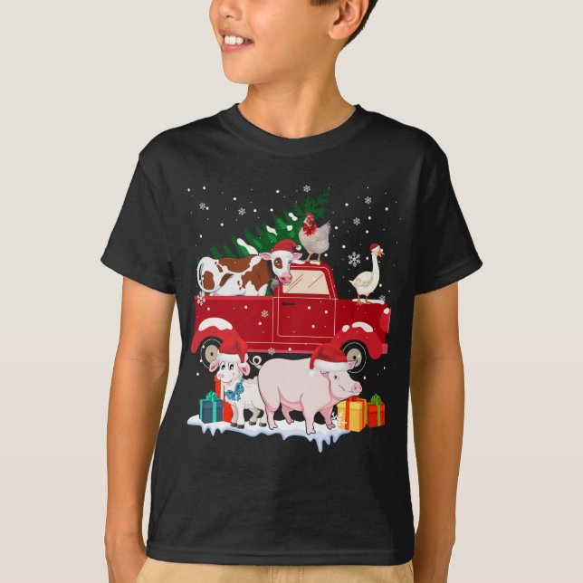Camiseta Red Truck Feliz Animais de Natal Adora Farme de Fa (Frente)
