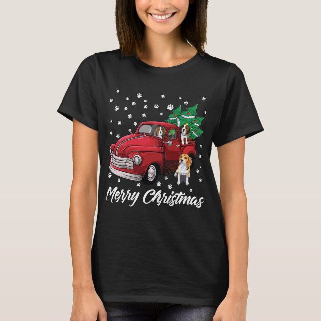 Camiseta Red Truck Feliz Árvore de Natal Beagle Dog Christm (Frente)