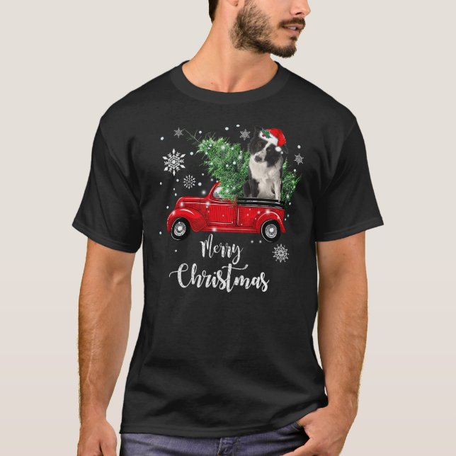 Camiseta Red Truck Merry Christmas Tree Border Collie Dog C (Frente)
