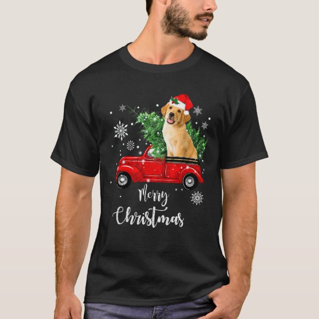 Camiseta Red Truck Merry Christmas Tree Golden Retriever Ch (Frente)
