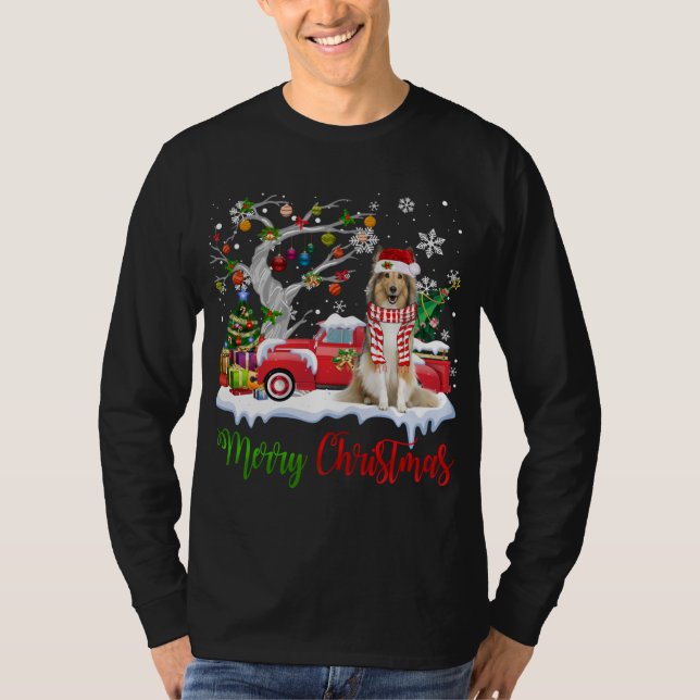 Camiseta Red Truck Merry Christmas Tree Shetland Sheepdog P (Frente)