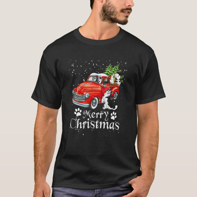 Camiseta Red Truck Merry Christmas Tree Siberian Husky Dog (Frente)
