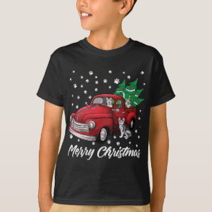 Camiseta Red Truck Merry Christmas Tree Siberian Husky Dog