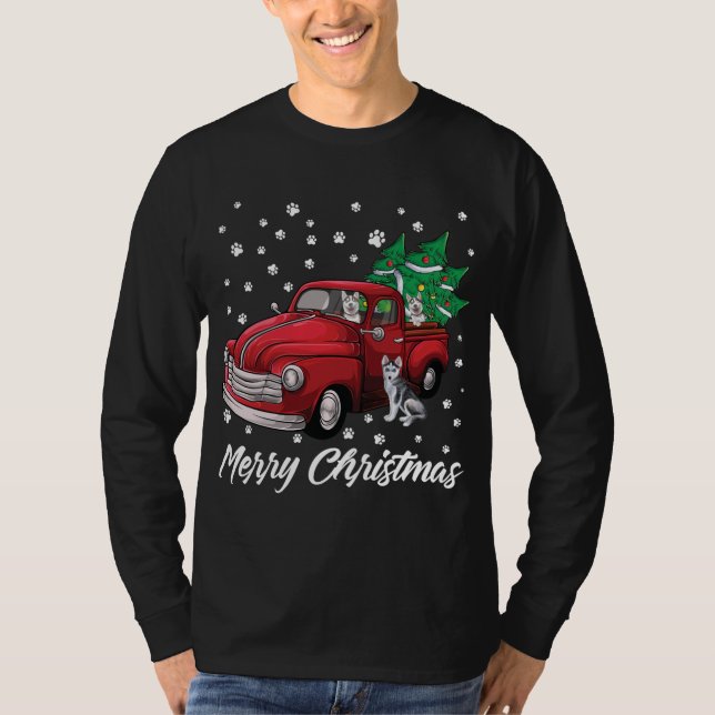 Camiseta Red Truck Merry Christmas Tree Siberian Husky Dog (Frente)