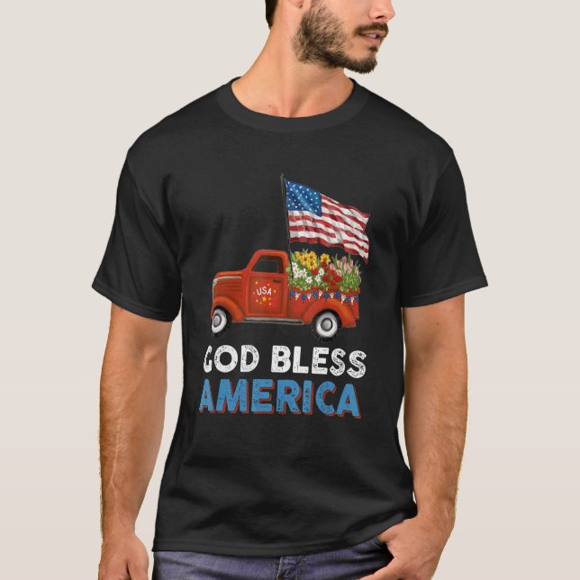 Camiseta Red Truck U Flag Flowers Deus abençoe América 4th  (Frente)