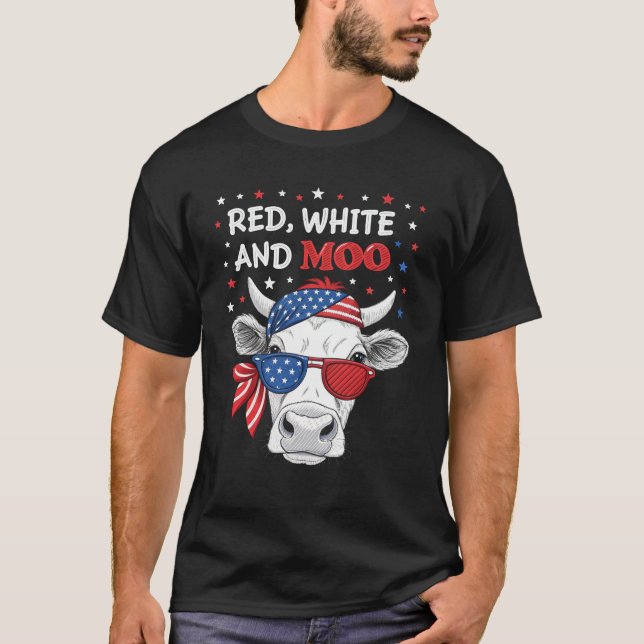 Camiseta Red White and Moo Patriotic Cow 4th of July Tee (Frente)