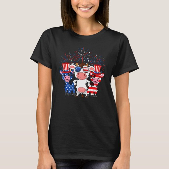 Camiseta Red White Blue Cow American Flag Farmer 4th Of Jul (Frente)