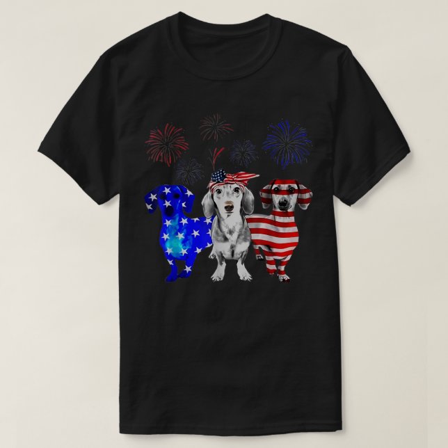 Camiseta Red White Blue Dachshund EUA Flag Fireworks 4th Of (Frente do Design)