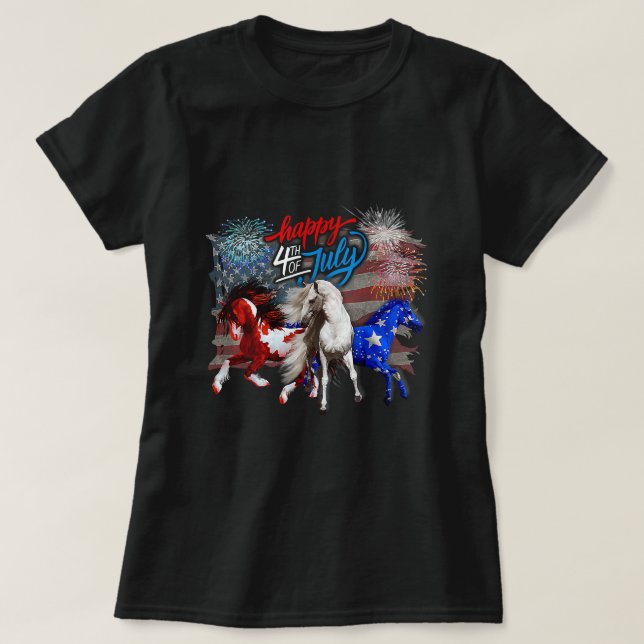 Camiseta Red White Blue Horse 4 de julho Bandeira EUA Firew (Frente do Design)