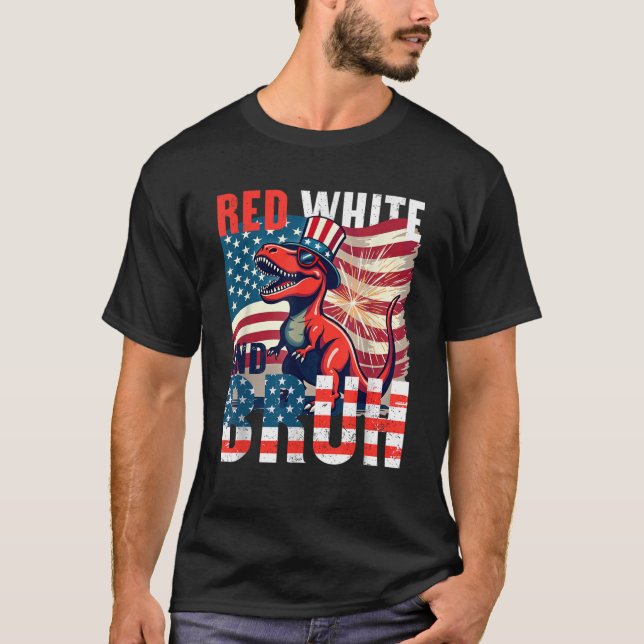 Camiseta Red White Bruh Dinosaur Funny EUA 4 de julho (Frente)