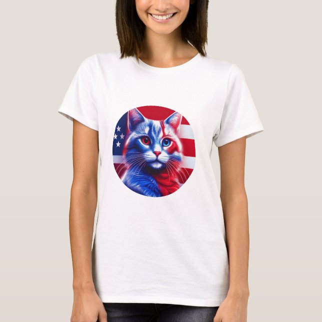 Camiseta Red White E Blue Neon Cat Com Bandeira Anerica (Frente)