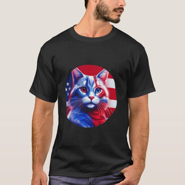 Camiseta Red White E Blue Neon Cat Com Bandeira Anerica (Frente)