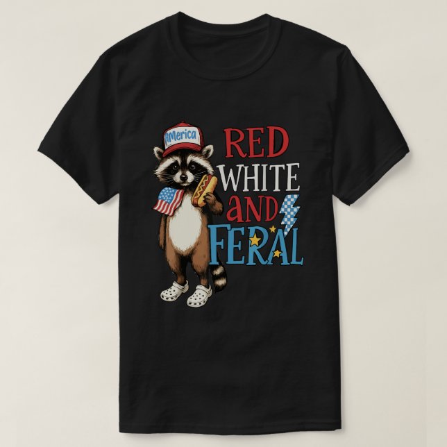Camiseta Red White e Feral - Engraçado 4 de julho Raccoon (Frente do Design)