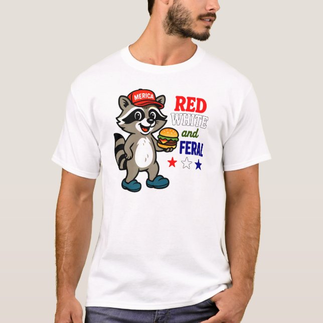 Camiseta Red White e Feral Raccoon Patriótico 4 de julho (Frente)