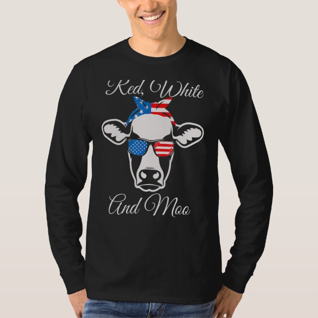 Camiseta Red White e Moo American Flag Cow 4 de julho (Frente)