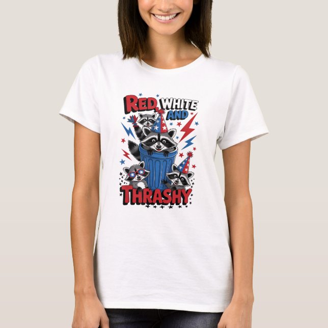 Camiseta Red White e Thrashy Funny Raccoon Patriótico (Frente)