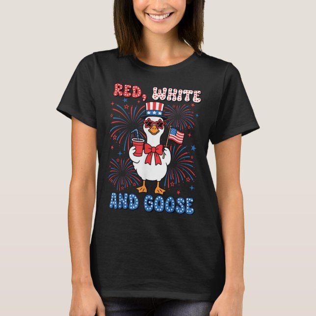 Camiseta Red White Goose America Goose 4 de julho Bandeira  (Frente)