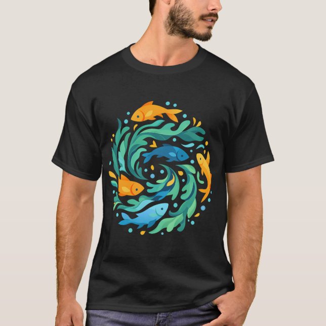 Camiseta Redemoinho de Peixe Dourado Abstrato Ondas do Ocea (Frente)