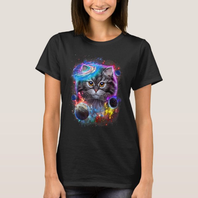 Camiseta Redemoinho de Rosto de Gato Cinza no Espaço da Gal (Frente)