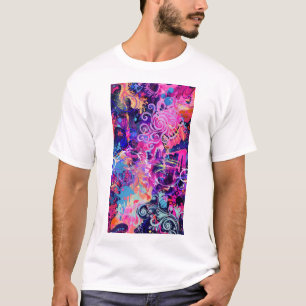 Camiseta Redemoinhos de Neon Arte Abstrato Rosa e Psicotr