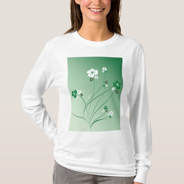 Camiseta Redemoinhos Florais Verdes e Flores Brancas (Frente)