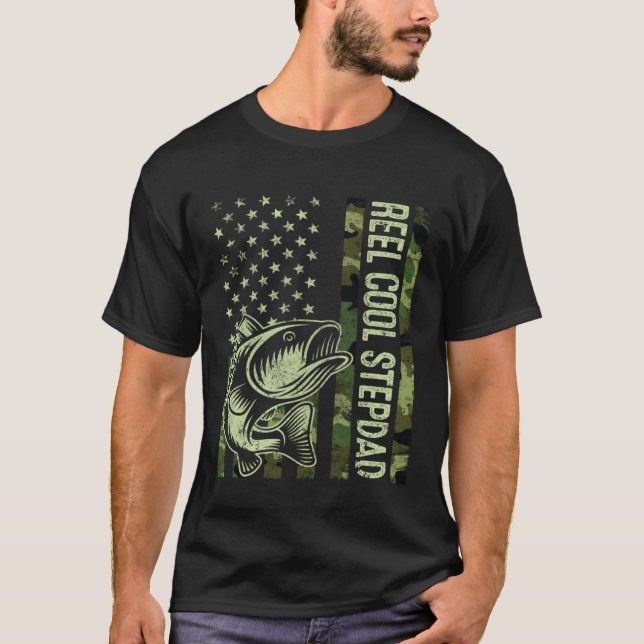 Camiseta Reel Cool Stepdad Camouflage American Flag Fishing (Frente)