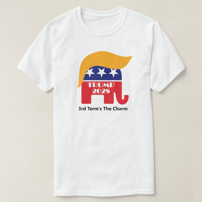 Camiseta Reeleger o presidente Trump 2028, o personagem do  (Frente do Design)