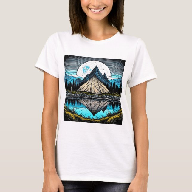 Camiseta Reflexão de uma tenda no lago das montanhas (Frente)