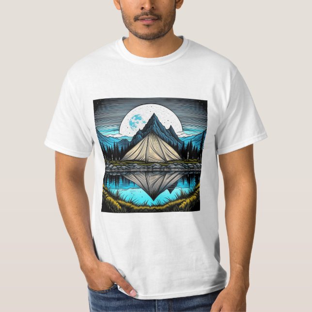 Camiseta Reflexão de uma tenda no lago das montanhas (Frente)