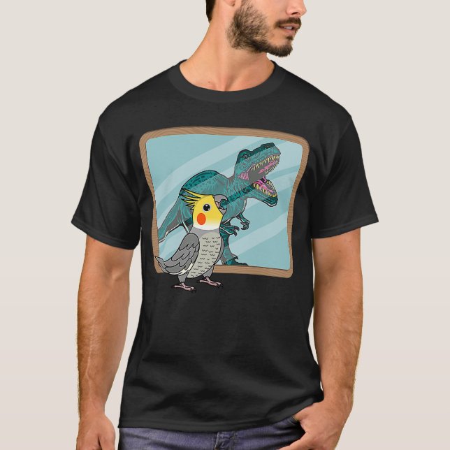 Camiseta Reflexão entre papagaios e rex na Cockatiel (Frente)