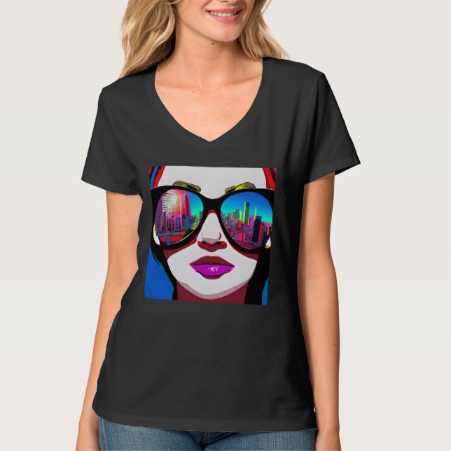 Camiseta Reflexão sobre a Cidade na Mulher dos Óculos de So (Frente)