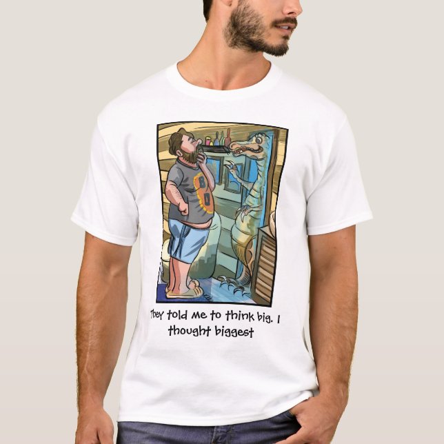 Camiseta Reflexão T-Rex: Pense Maior Que Grande (Frente)