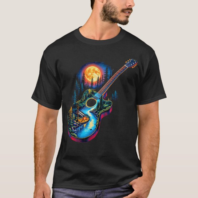 Camiseta Reflexos do Lago da Guitarra Floresta Pinheiro Lua (Frente)