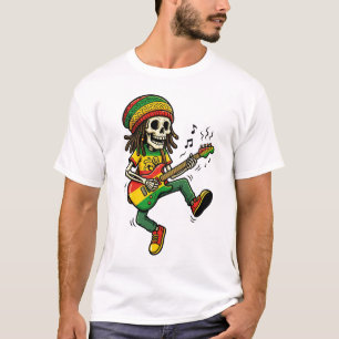 Camiseta Reggae Rasta Esqueleto Tocando Guitarra Músico