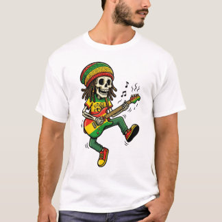 Camiseta Reggae Rasta Esqueleto Tocando Guitarra Músico