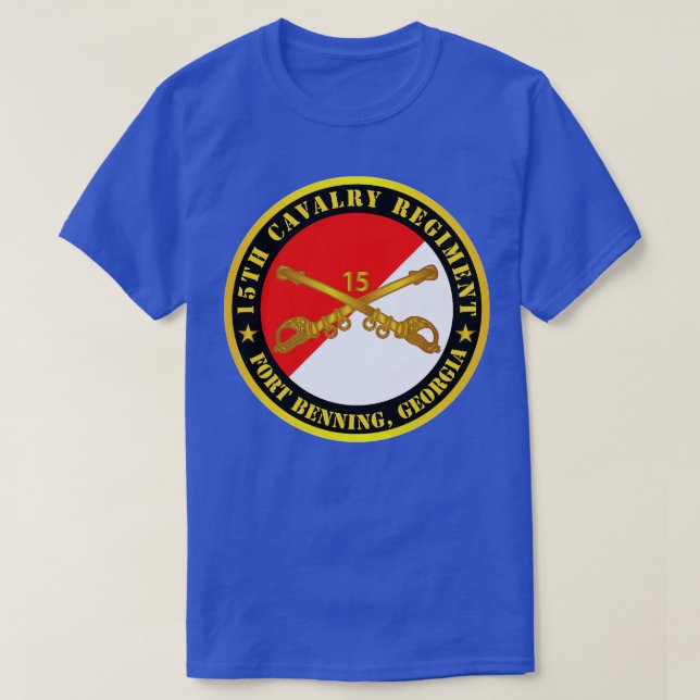 Camiseta Regimento de Cavalaria 15 Ft Benning GA w Cav Bran (Frente do Design)