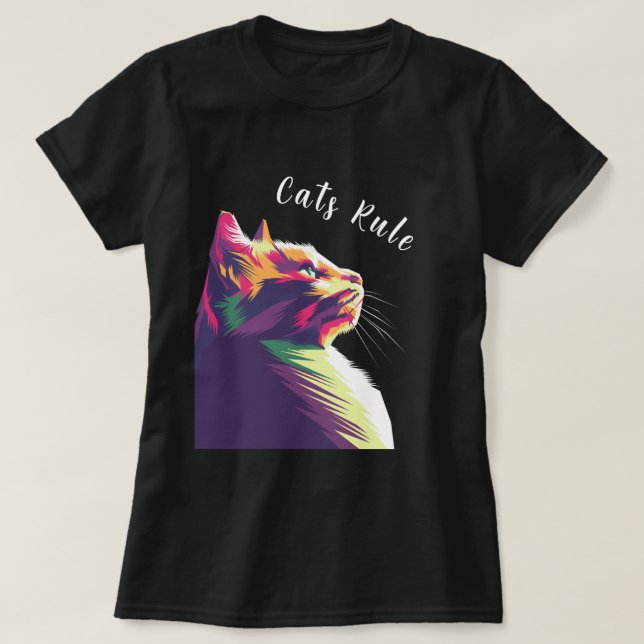 Camiseta Regra de Gatos Editáveis de Multicores Modernas co (Frente do Design)
