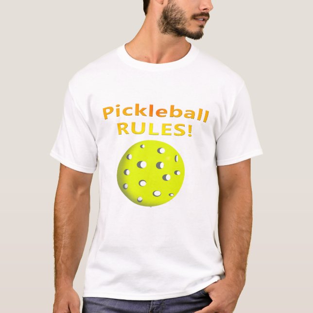 Camiseta Regras de Pickleball! Com texto amarelo da bola (Frente)