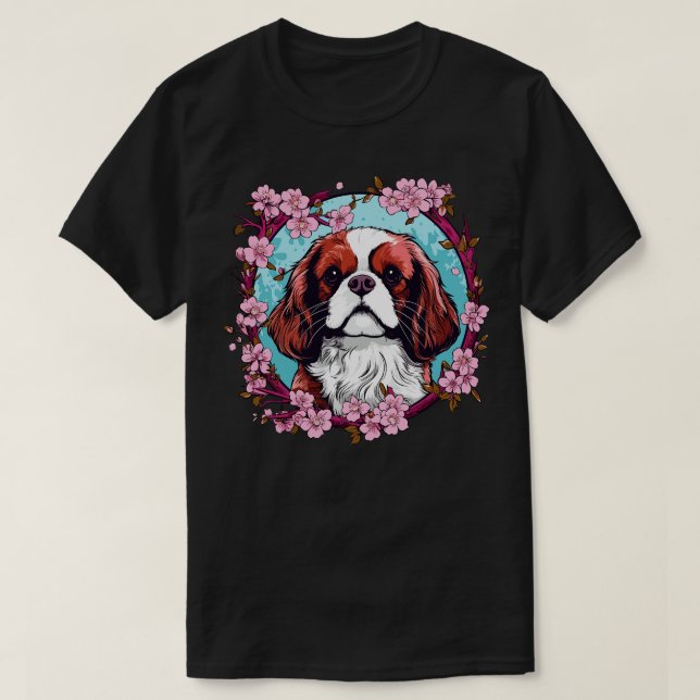Camiseta Rei Charles Spaniel com flores de Cherry Blossom (Frente do Design)